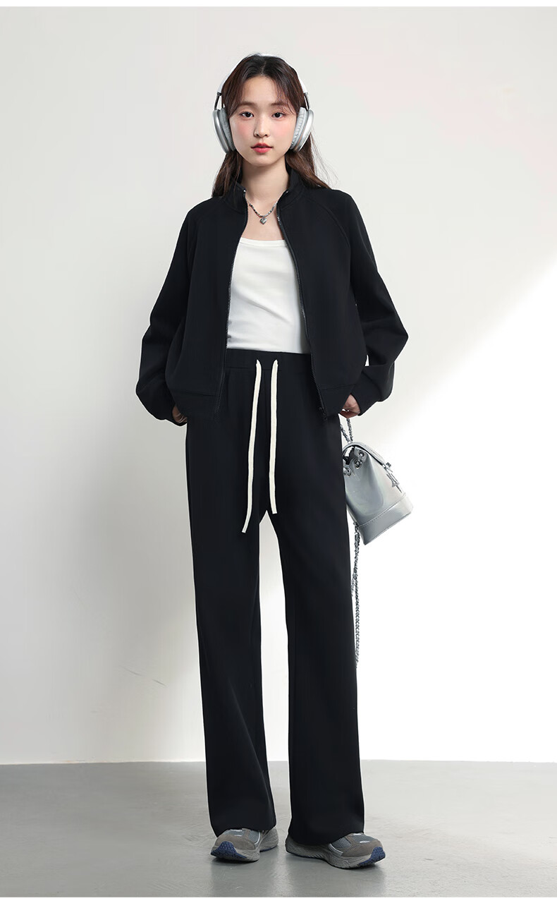 MJ STYLE Starry Sky Cotton Casual Women's Outfit, Spring And Autumn 2026 New Style, Stand-Up Collar Short Cardigan Jacket, Straight Wide-Leg Pants Two-Piece Set 12