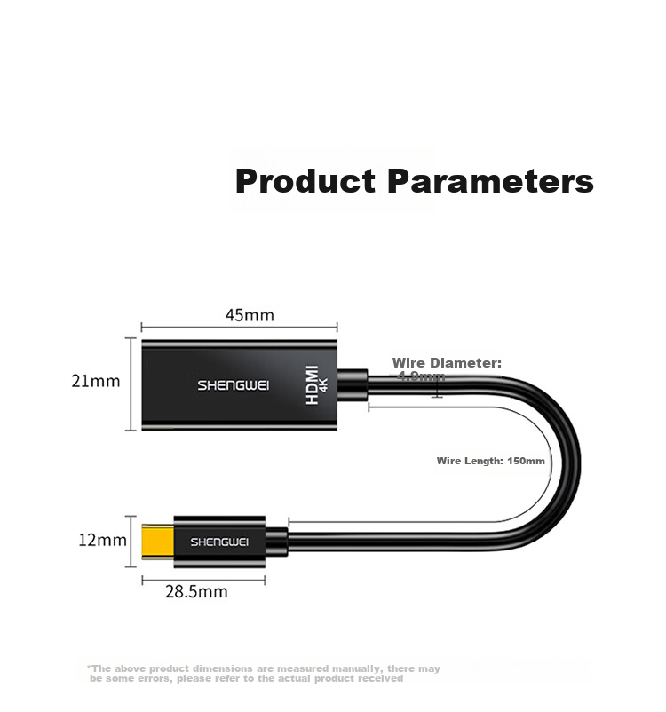 Shengwei USB-C to HDMI Converter Cable, 4K Adapter for Apple 17/16/15/MacBook, Huawei P60 Phone Screen Mirroring Cable to TV, Model AH1015G 12