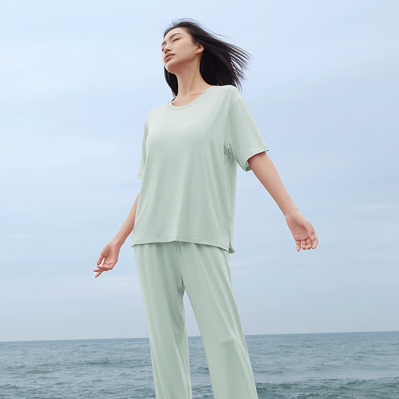 Agentmuse Women's Modal Ultra-Soft Short Sleeve and Long Pants Pajama Set with Chest Pad, Bare Feeling Sleepwear, 812T Tranquil Green, M