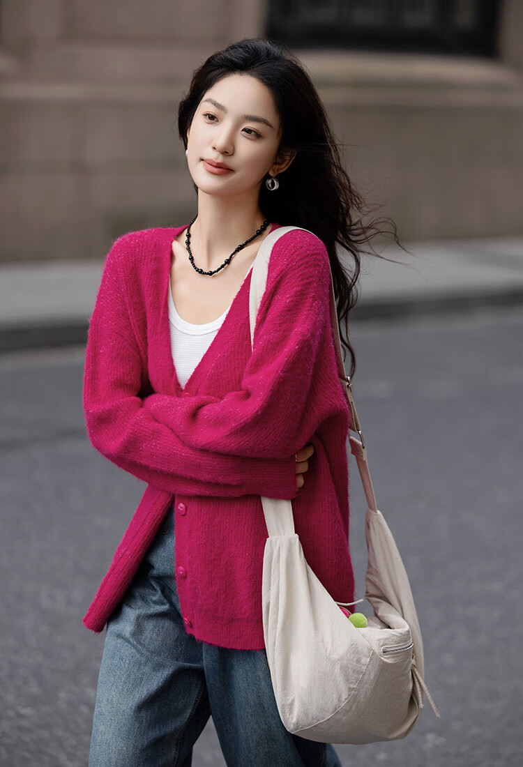 Dme [Duobangyan Rose Red] Spring And Autumn Cardigan-Style, Brightening Effect, Elegant Long-Sleeve Soft Knit Sweater for Wome 6