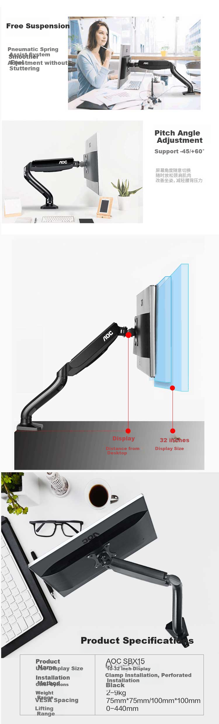 AOC SBX15 Black Single Monitor Stand, Rotating Computer Mount, No Drilling Required Desk Stand, Screen Support, Monitor Riser, 360° Rotatio 4