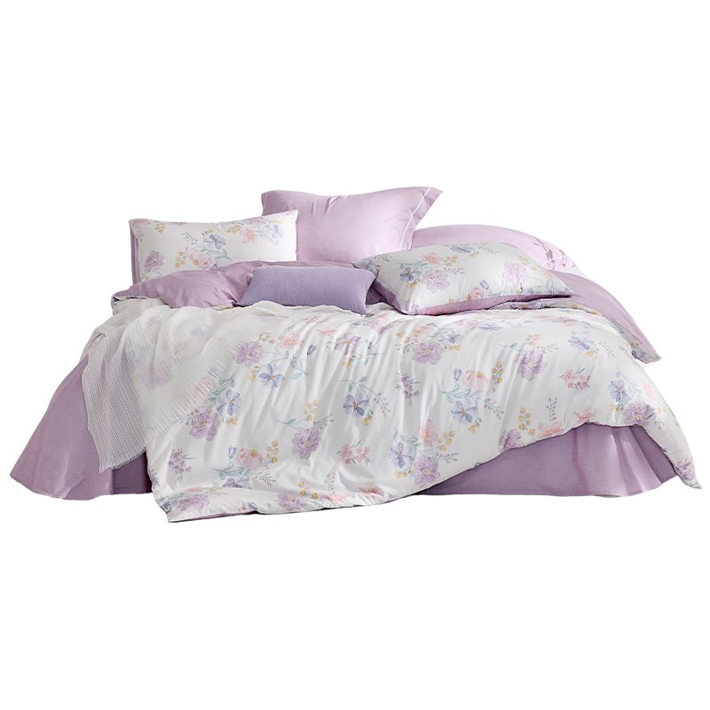 LUOLAI Home Textiles 100% Pure Cotton Four-Piece Bedding Set, All-Cotton Duvet Cover And Bed Sheet 220*250, Purple