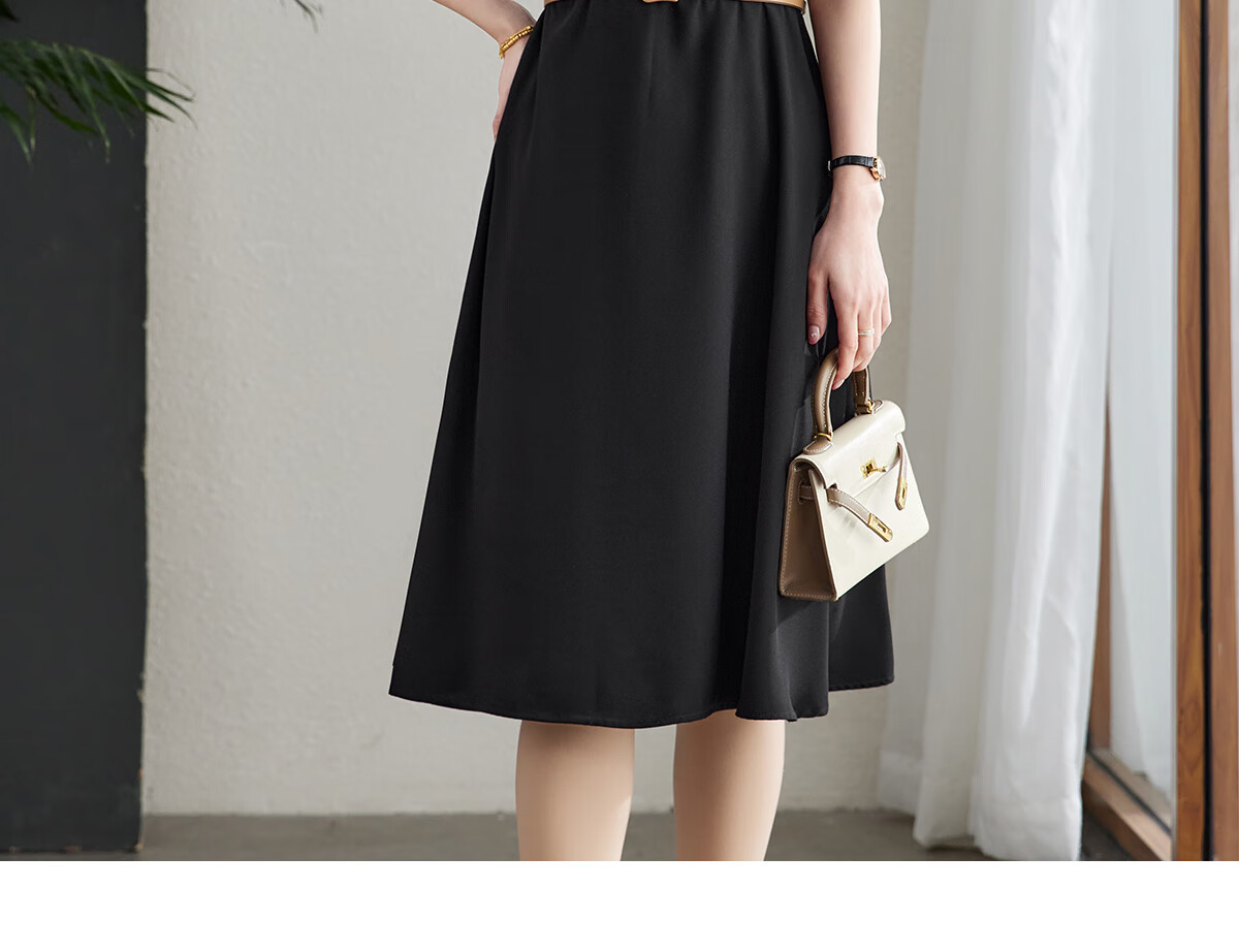 YUZHAOLIN Colorblock Short Sleeve Dress Women Waist Slim Elegant Fashion Lapel Little Black Dress (with Belt) Y52Q038 8
