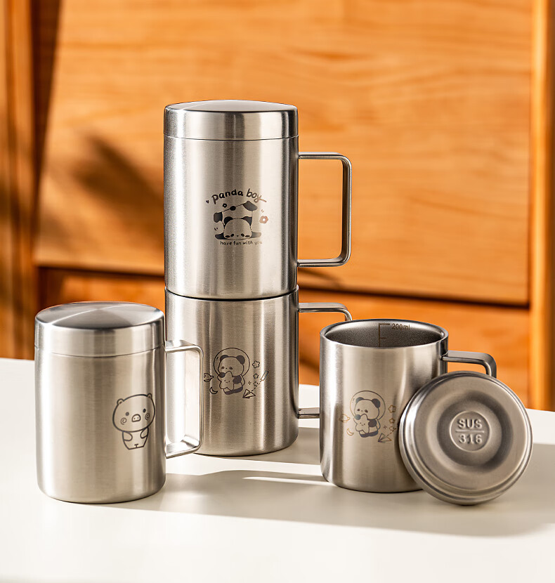 Onlycook 316 Stainless Steel Double-Layer Water Cup with Scale, Anti-Scald Milk Cup, Drop-Resistant, 300ml with Lid, Pig Design 13