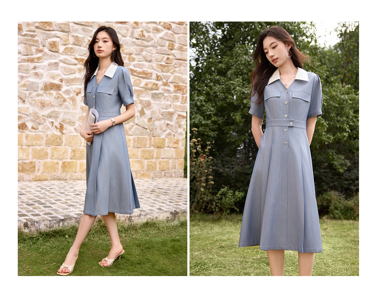 Chushen Summer Short-Sleeve Dress for Women, Retro Color-Block Lapel, Waist-Cinching Slimming, Commuter Casual Dress S52Q036 18