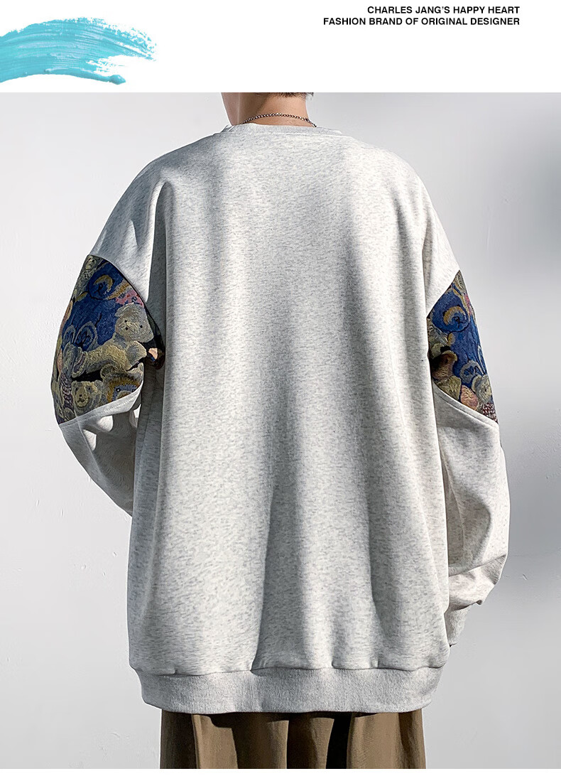 Charles Peach Heart Round Neck Sweatshirt Men Spring Autumn New Bear Embroidery Trendy Patchwork Couple Long Sleeve Shirt Gray 4XL 5