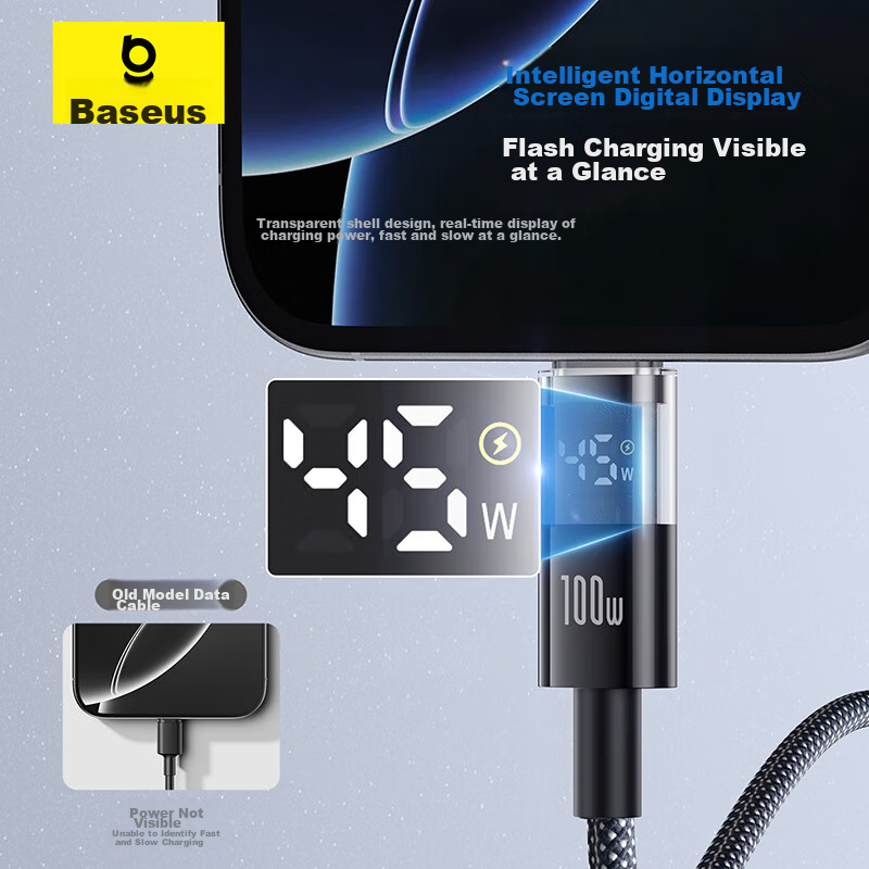 BASEUS Dual-Head Type-C Charging Cable, Digital Display PD100W Super Fast Charging Data Cable, Suitable for Huawei, Honor, Xiaomi, Apple 18/17/16/15 Phones, IPad, Laptops