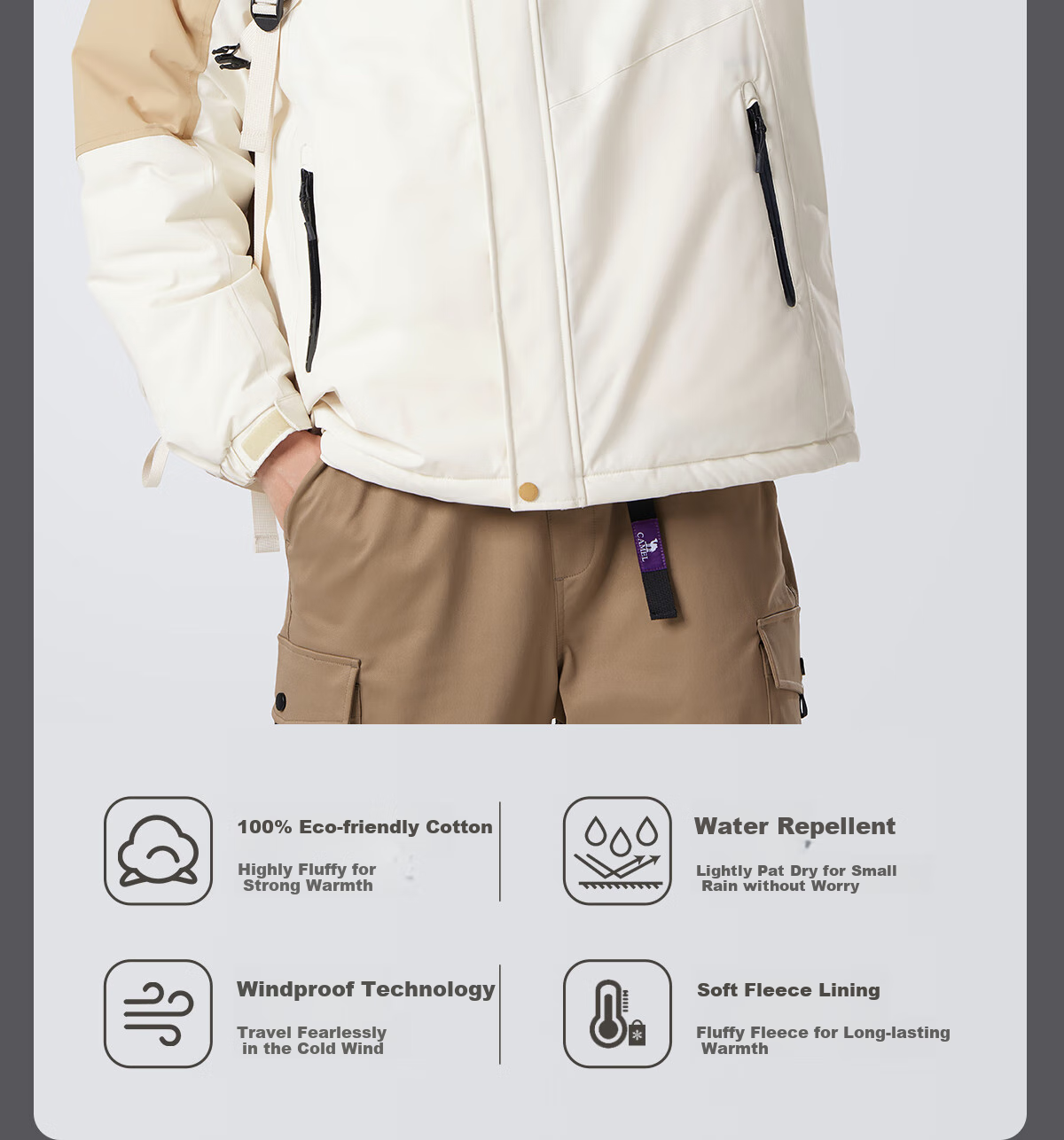 CAMEL Men's Cotton Jacket, Winter Urban Light Outdoor Fleece-Lined Waterproof Coat, Couple's Outerwear M13CA6V128C 2