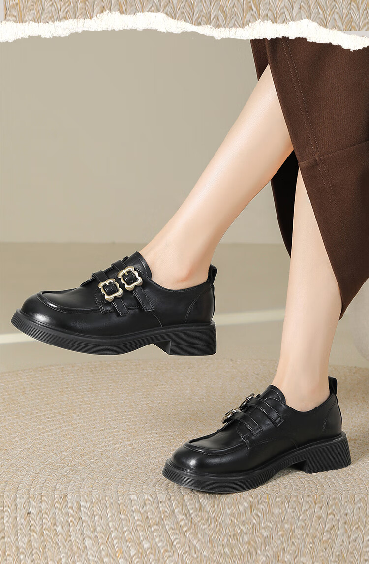 Josiny Versatile Leather Shoes for Women, Spring And Summer Retro French British Style Loafers, Thick-Soled Versatile Black Flats, Black, Size 35 5