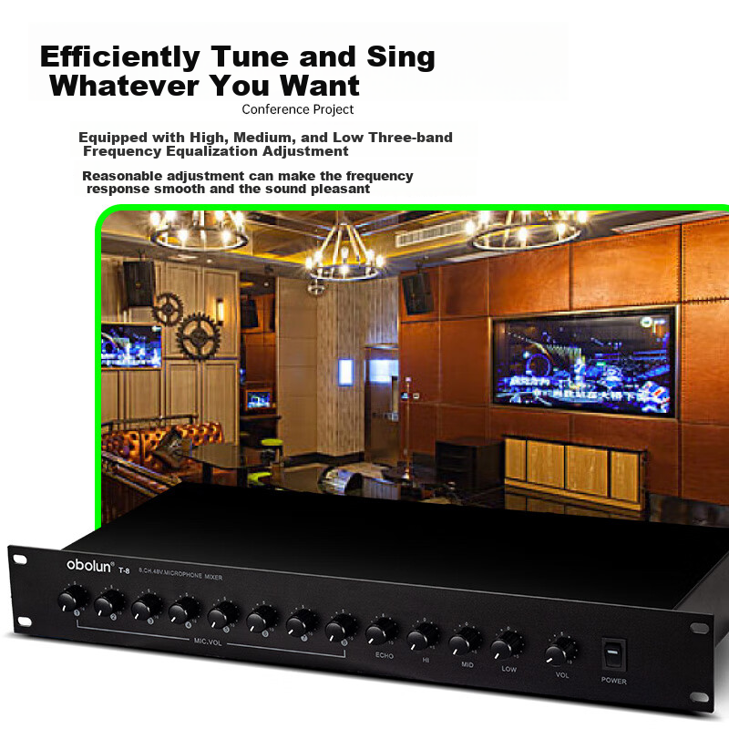 Oulaisheng (Obolun) T-8 Professional 8-Channel Mixer + 48V Phantom Power Microphone Preamp