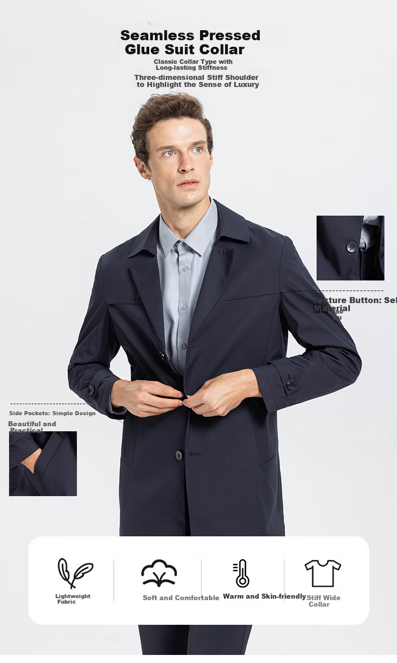 SHANSHAN High-End Trench Coat for Young And Middle-Aged Men, Mid-Length Solid Color Wrinkle-Resistant Casual Seamless Pressed Jacket Father's Day Outerwear 4