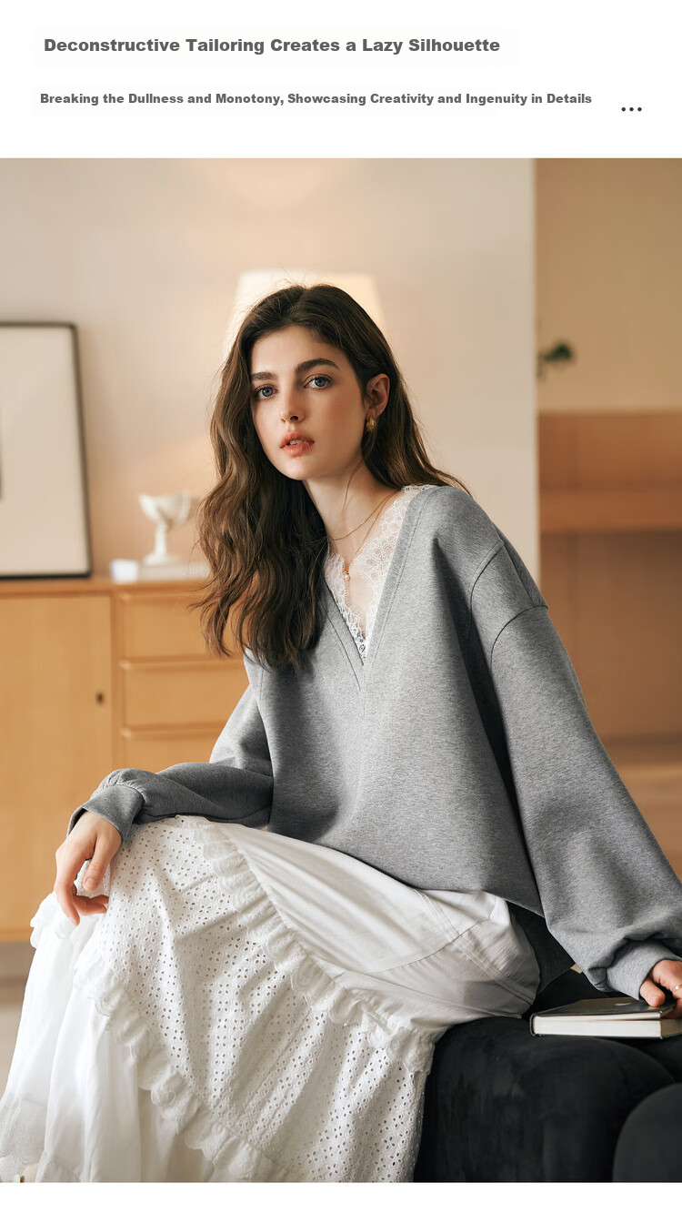 Oulain French V-Neck Sweatshirt for Women, Spring New Style Distinctive Lace Casual Pullover Top, High Gray, Size S 5
