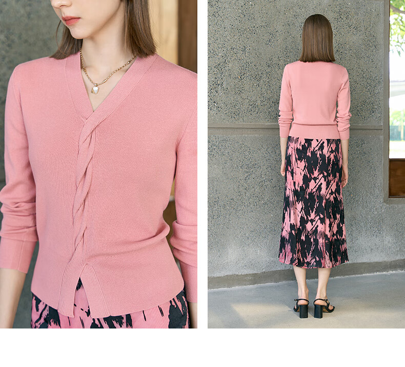 YANYEE Pink Versatile Knit Sweater for Women, 2025 Early Spring Simple Elegant Slimming V-Neck Long Sleeve Top, Pink, Size S 7