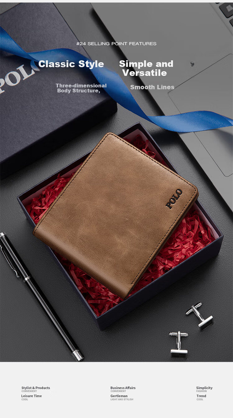 POLO Wallet for Men, Top-Grain Leather Billfold with Multiple Card Slots, Driver's License Holder, Short Bifold Wallet, Gift Box, Birthday Present 2