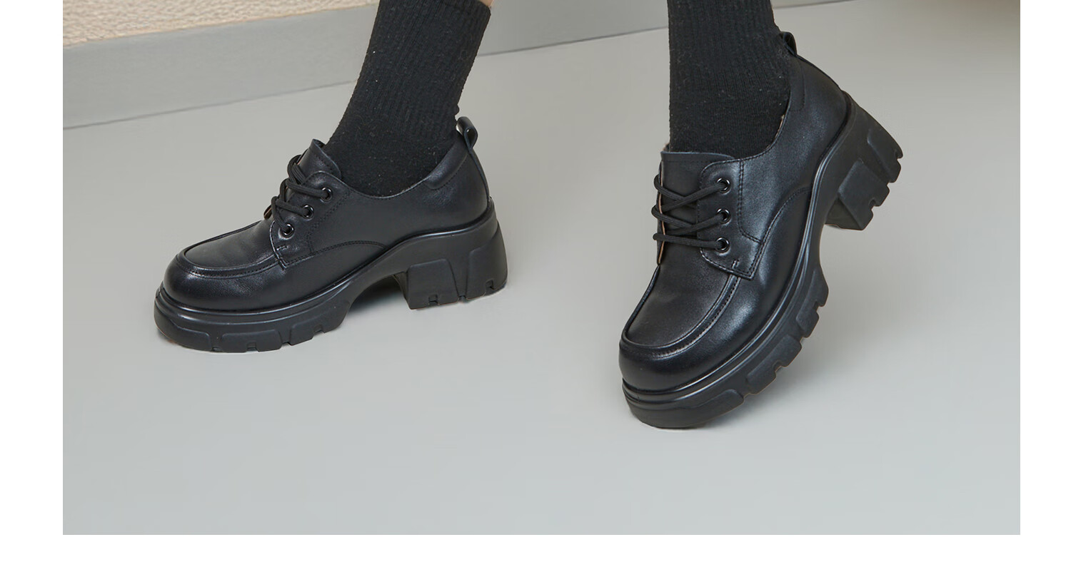 COMELY Thick-Soled Leather Shoes for Women, Spring New Style Cowhide Lace-Up Fashionable Versatile British Deep-Mouth Flats, Black, Size 39 13