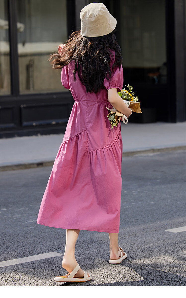 Dme [Puff Sleeve Ruched Dress] Summer Dopamine Sweet Style Round Neck Dress 14