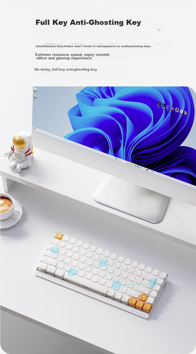 EWEADN MK100 Low-Profile Mechanical Keyboard, Wireless/wired/Bluetooth Tri-Mode, Slim Portable, Stylish, for Office, Gaming, 100 Keys, Compatible with Computers, Laptops, IPad Tablets, Smartphones 5