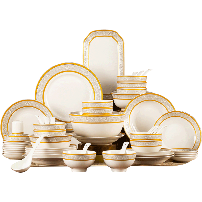 JD Original Bowl And Plate Tableware Set, Ceramic Gift Box for Housewarming, Golden Prosperity 68-Piece Set