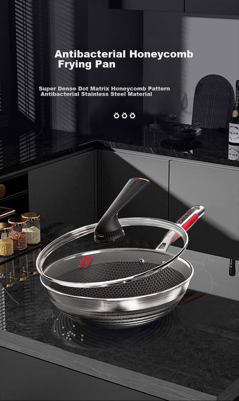 KBH Fifth Generation Wok, Antibacterial Stainless Steel Non-Stick Pan, Double-Sided Honeycomb Flat Bottom Deep Frying Wok for Stir-Frying 1