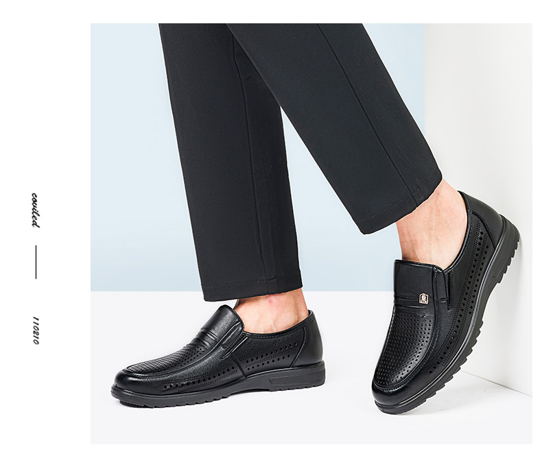 LAORENTOU Men's Leather Shoes, Business Casual Shoes, Top-Grain Leather Slip-Ons with Buckle Decoration, Wear-Resistant Breathable Sandals, Hollow Breathable Shoes, Perforated Shoes LL13203 Black Size 38 9