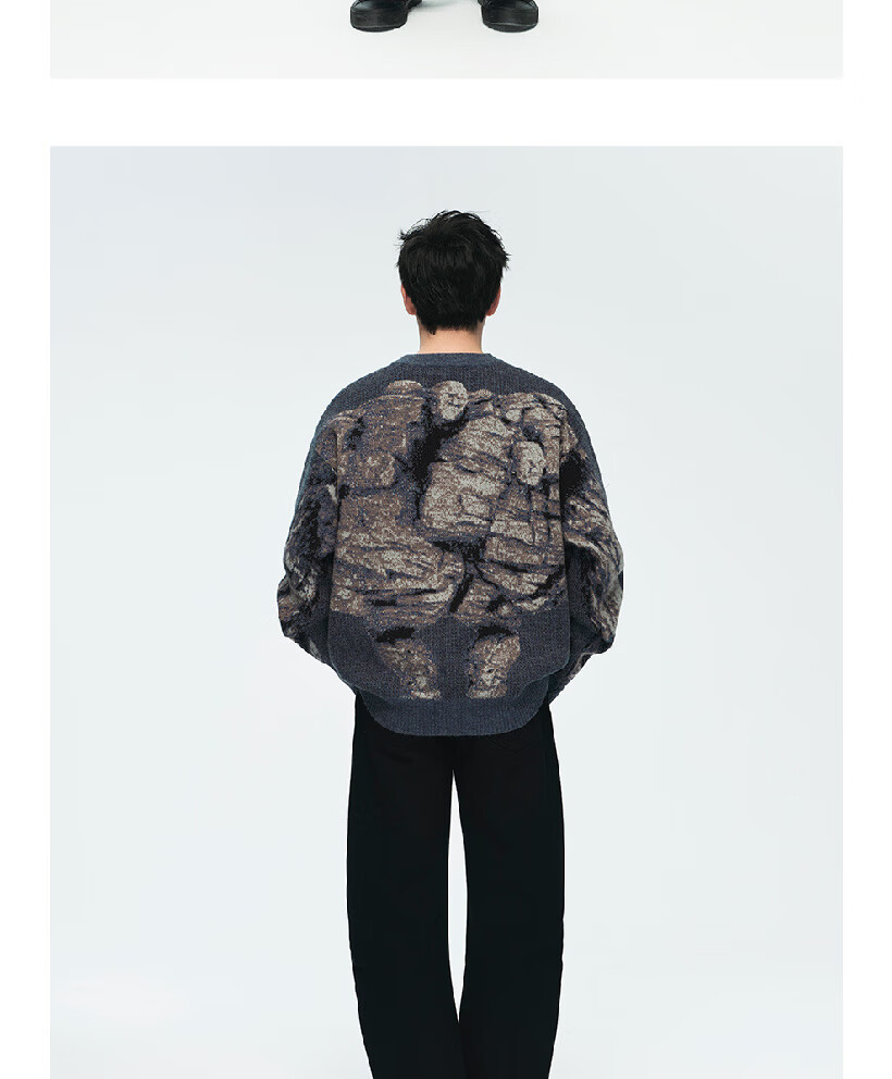 Heishenhua Stone Head Sweater Cyan Blue Size L Heishenhua Wukong Official Merchandise Unisex Jacquard Loose Thick Crew Neck Pullover Knit Sweater 1