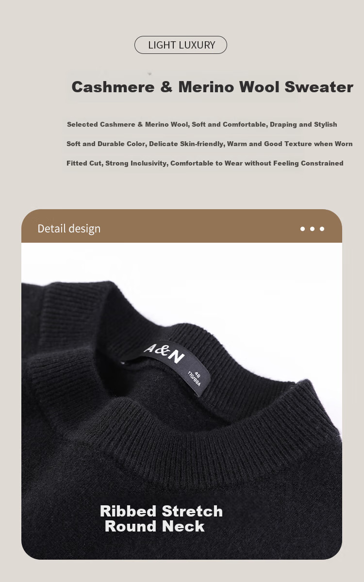 Antonio Men's Premium Wool Sweater 10.2% Cashmere 89.8% Merino Wool Solid Color Basic Knitwear 3