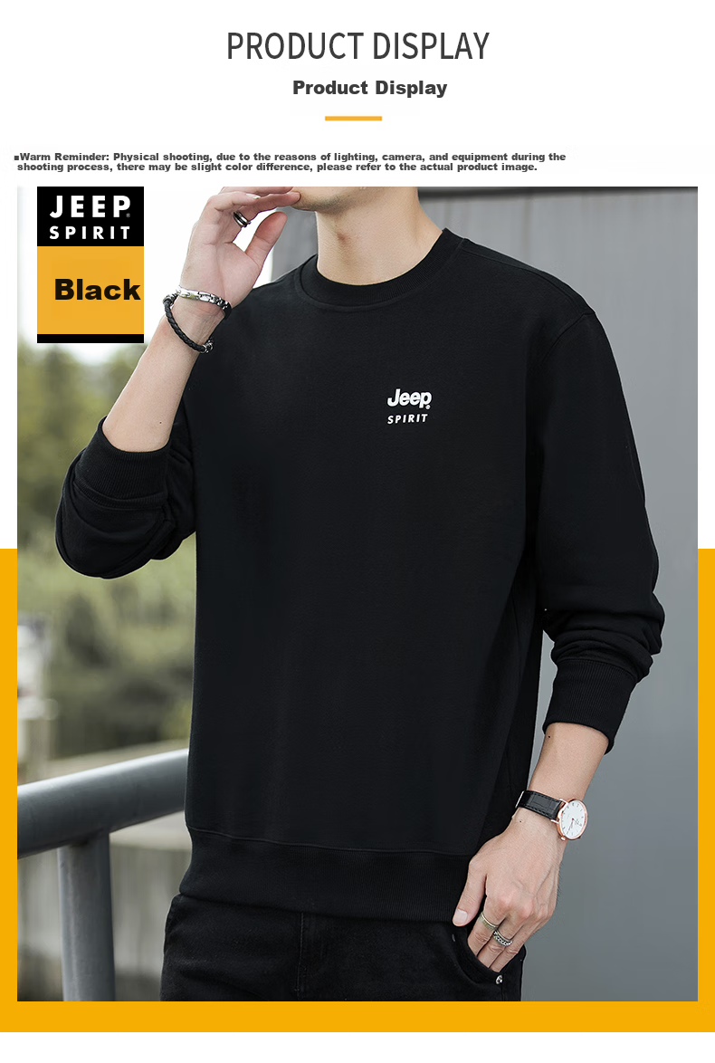 JEEP SPIRIT Men's Sweatshirt, Spring Top, Round Neck Undershirt, Men's Clothing, Black, Size L 5