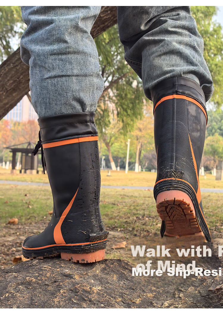 Jolly Walk New Rubber Rain Boots, Outdoor Fishing Waterproof Boots with Protective Cuffs, Black And Orange (New Cowhide Sole), Size 42 6