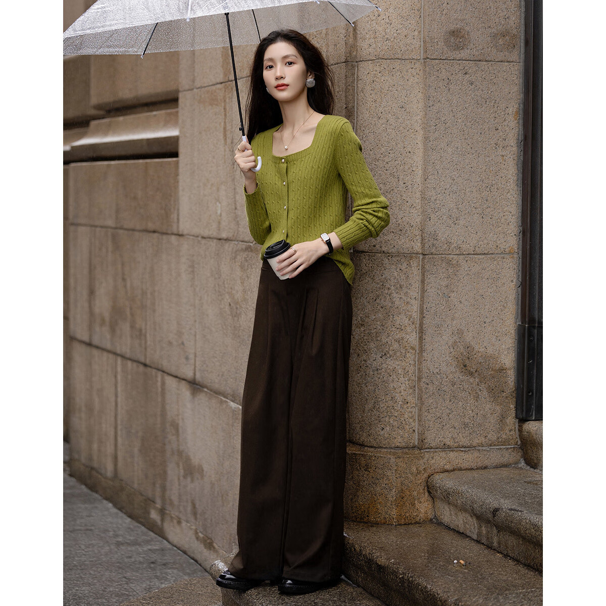 Dme (Xuainitianxin) Spring And Autumn French Square Collar Sweater, Simple Style Long-Sleeve Cardigan, Soft Elastic Knit Sweater, Women's Top