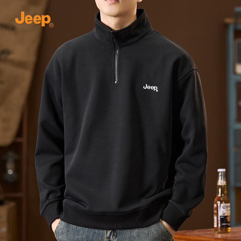 JEEP American-Style Sweatshirt for Men, Spring Trendy Semi-Turtleneck Zip-Up Top, Loose Casual Long-Sleeve T-Shirt for Men's Clothing