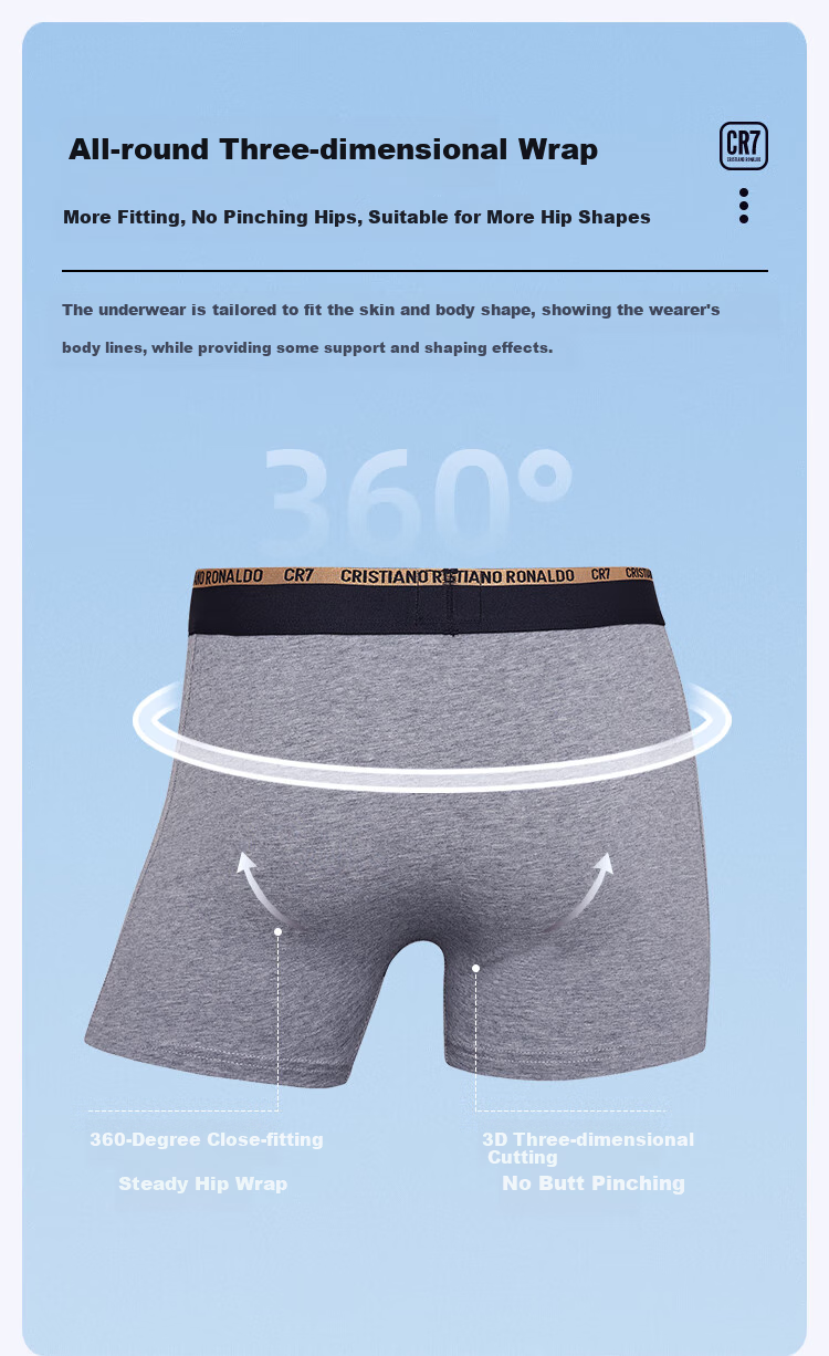 CR7 Cristiano Ronaldo CR7 men's boxer briefs set, 2026 spring new style, 3-pack, pure cotton breathable boxer shorts 12