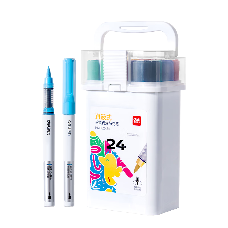 Deli 24-Color Direct Liquid Bucket Acrylic Markers, Soft Drawing, Washable, Non-Bleeding, Student Fluorescent, New Year Graffiti, DIY Birthday Gift, HM352-24 Art Education Graduation Present
