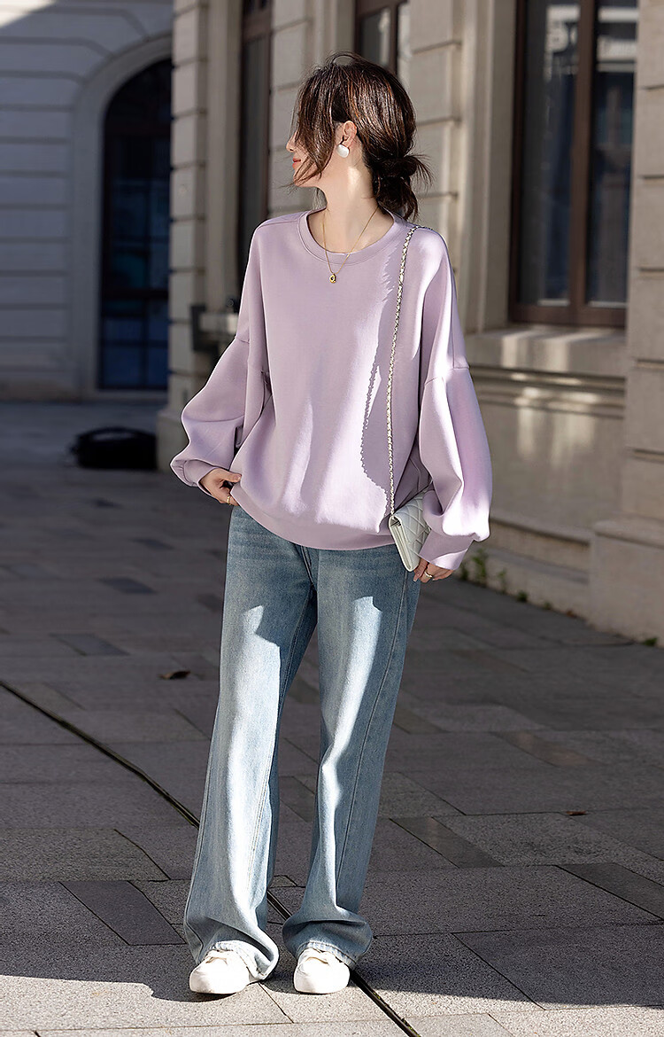 Dme [350G Air Layer] Spring Simple Round Neck Lantern Sleeve Loose Fit Slimming Sweatshirt Women's Top 8