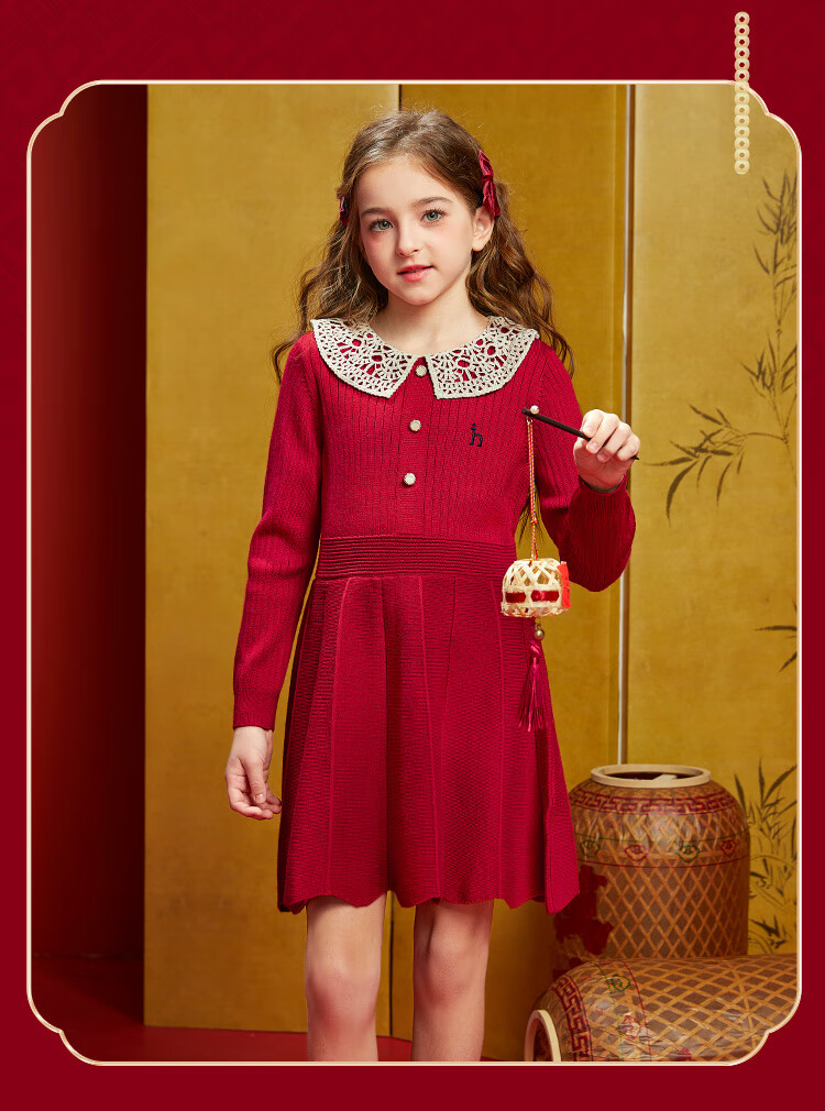 HAZZYS Brand Girls' Dress, Winter New Style, New Year Red Elastic Long-Sleeve Dress, Monet Purple, Size 105 1