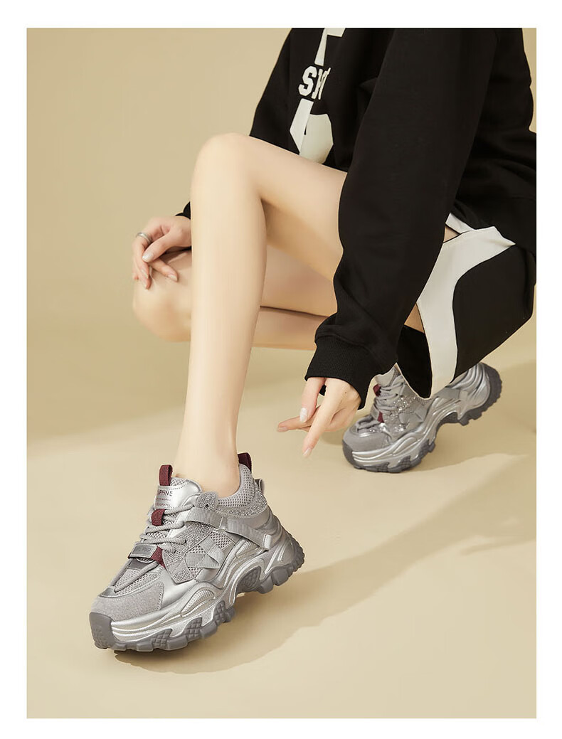 DAPHNE Chunky Sneakers for Women, Thick-Soled Trendy Versatile Casual Shoes, Height-Increasing Comfortable Sports Shoes, Travel Shoes for Women, Silver Red Color, Size 40 10