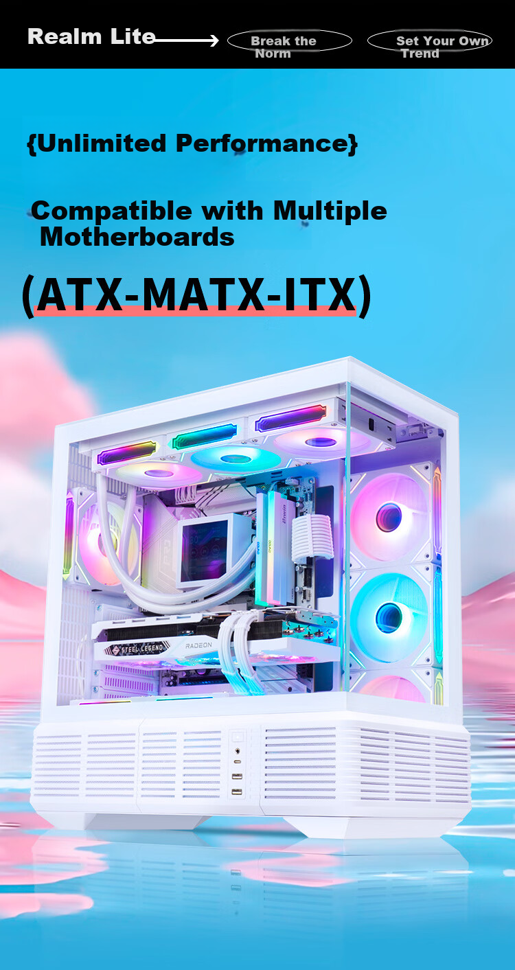 SAMA Jingjie Lite White ATX Seaside View Gaming Desktop Computer Case, Modular Structure/sound-Controlled Case/Back-Mounted Motherboard/dual 360mm Water Cooling Positions/Type-C 15
