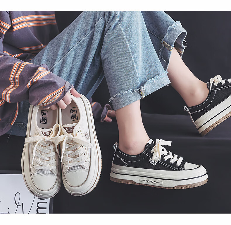 RENBEN Spring And Summer Canvas Shoes for Women, Breathable Mesh Women's Shoes, Thick-Soled Heightening Casual Shoes, Black (Canvas Style), Size 40 3