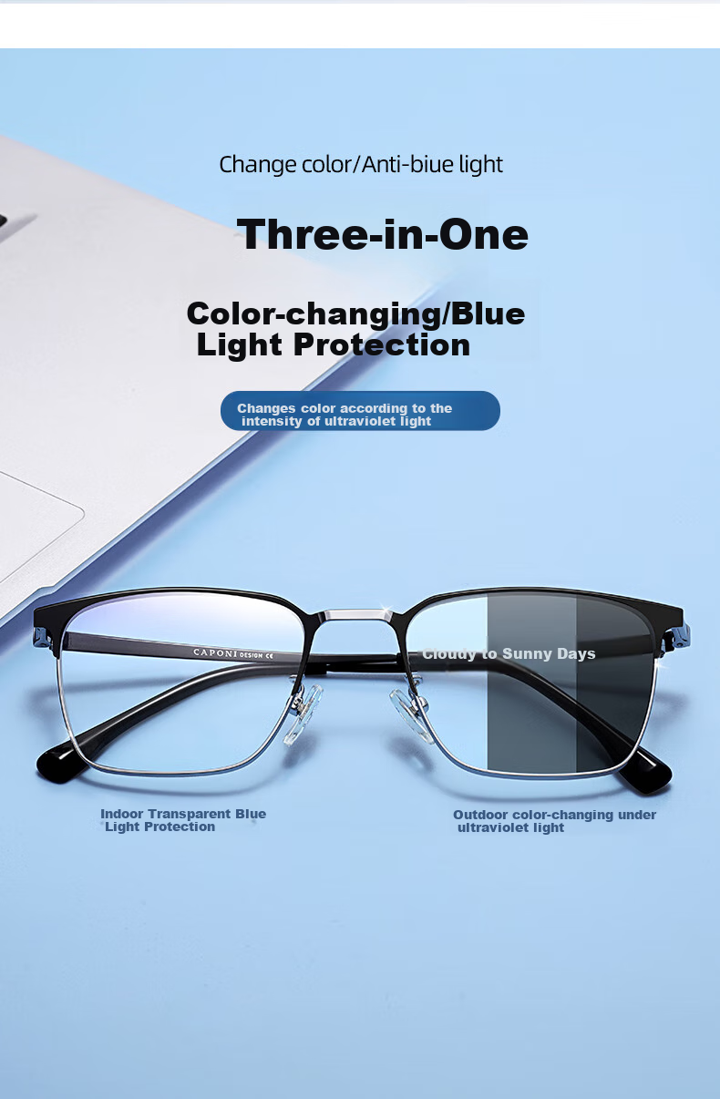 Jiaboli Color-Changing Anti-Blue Light Glasses for Men, Pure Titanium Browline Frame, Anti-Radiation, Non-Prescription, for Mobile Phones And Computers, Myopia Protection Goggles 3