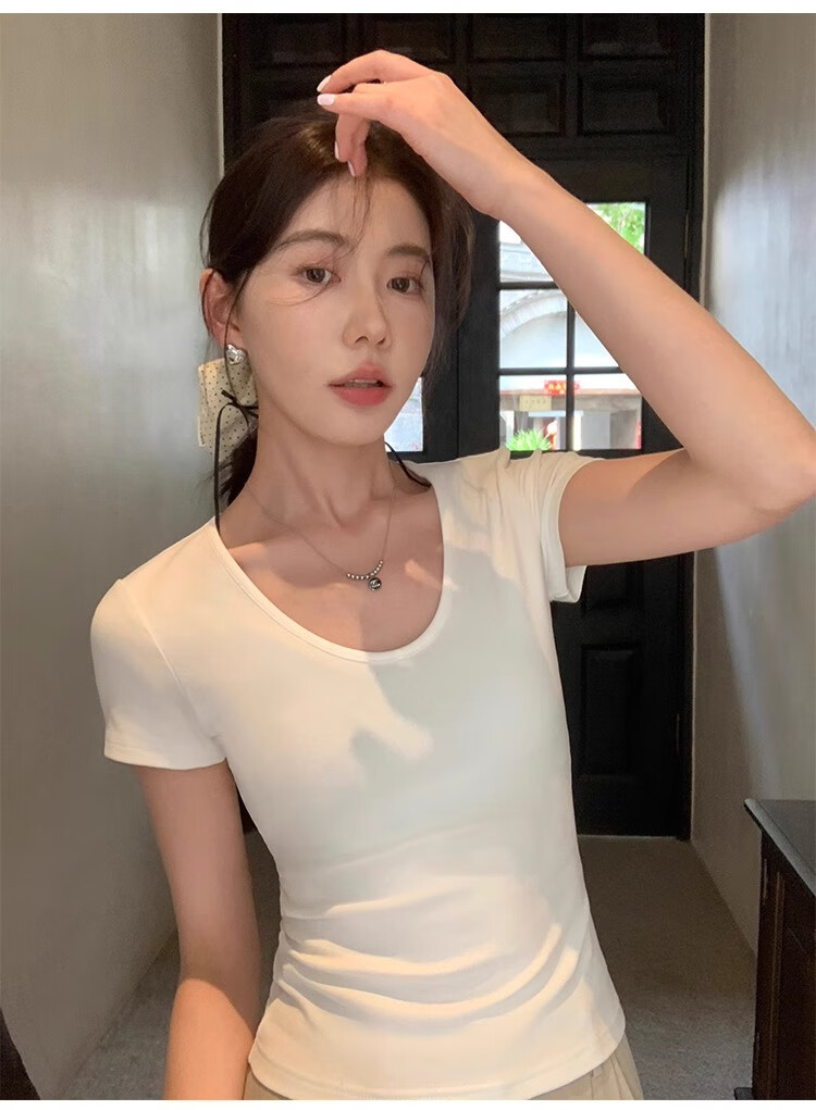 TUCANO Regular Shoulder U-Neck Short-Sleeve T-Shirt for Women, Summer Style, Inner Layering, Slim Fit, Simple Ribbed Half-Sleeve Top, White, 2XL 9