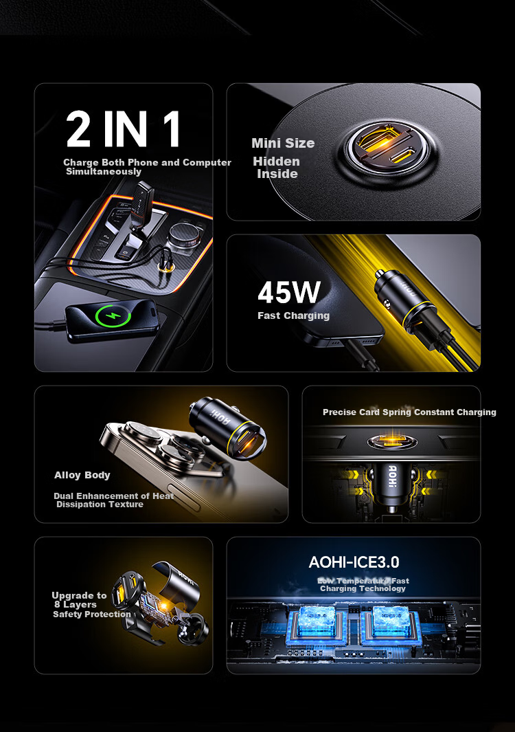 Aohi Car Charger, 45W Cigarette Lighter Adapter, Apple Fast Charging Head, Car Power Converter 4
