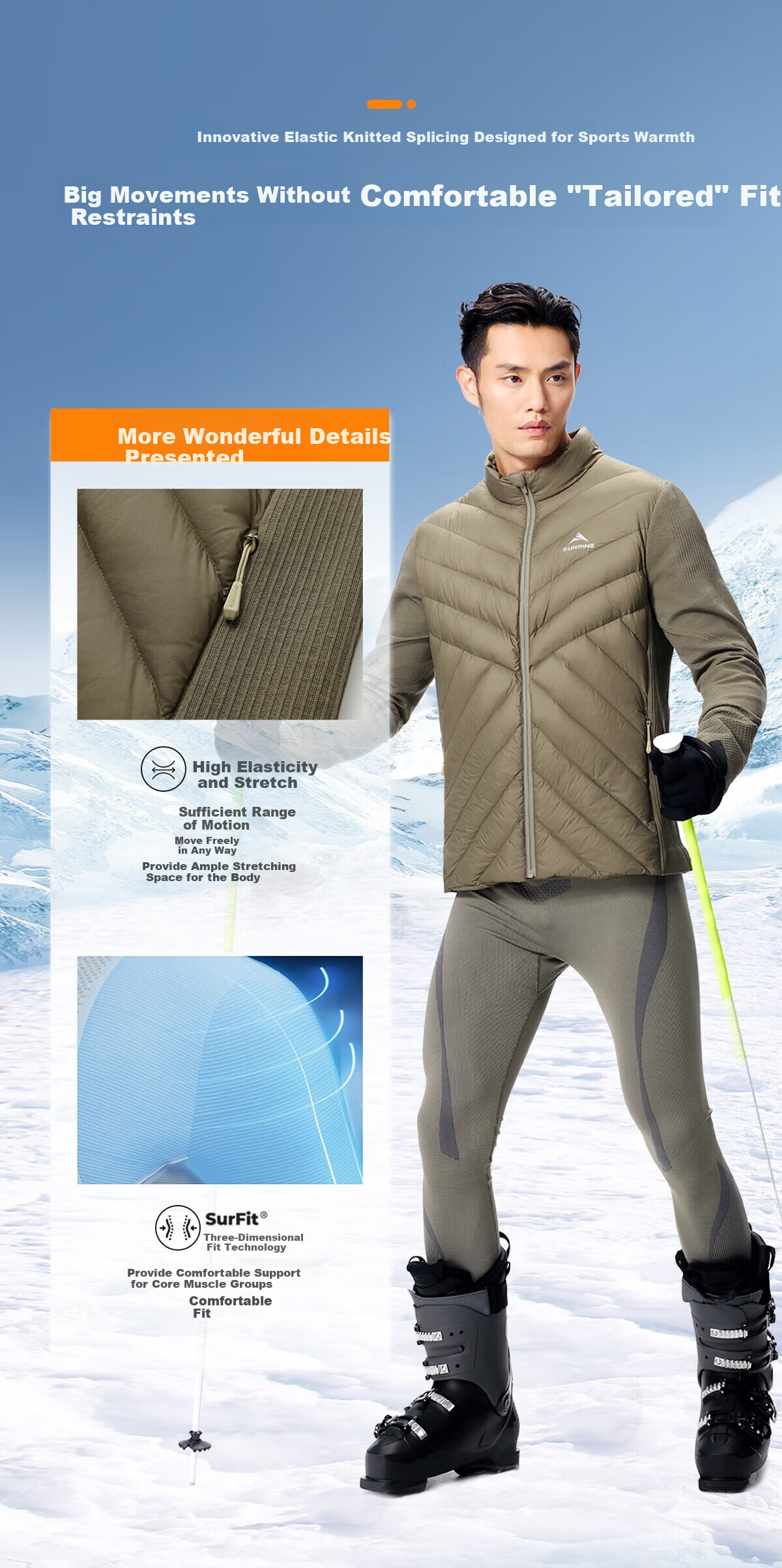 SURPINE Merino Wool Ski Down Jacket Inner Liner, Warm Outdoor Men's Autumn Winter Coat 4