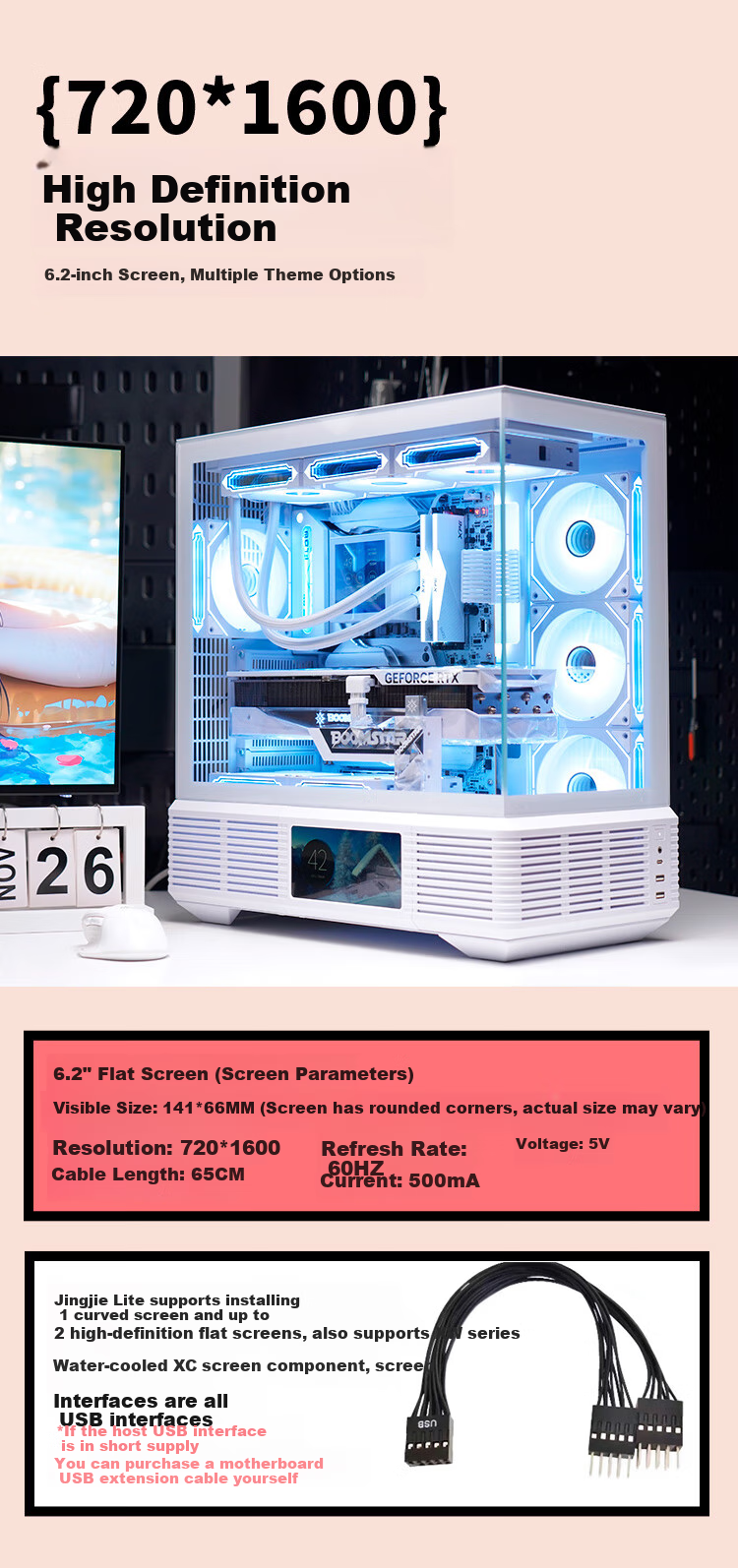 SAMA Jingjie Lite White ATX Seaside View Gaming Desktop Computer Case, Modular Structure/sound-Controlled Case/Back-Mounted Motherboard/dual 360mm Water Cooling Positions/Type-C 4