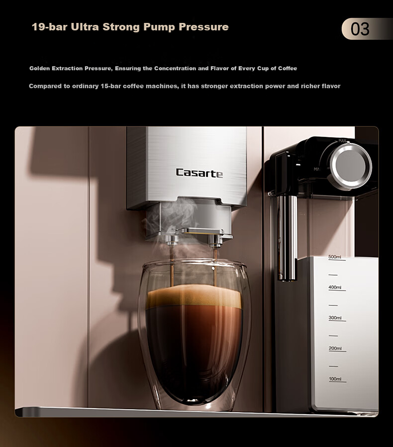 Casarte Casarte Gold Cup Pro Italian Fully Automatic Coffee Machine for Home/office, 19bar Pump Pressure Grinding All-In Machine, AI Intelligent Extraction, Automatic Milk Frother, Bean Grinder with Touch Control EQ301E 6