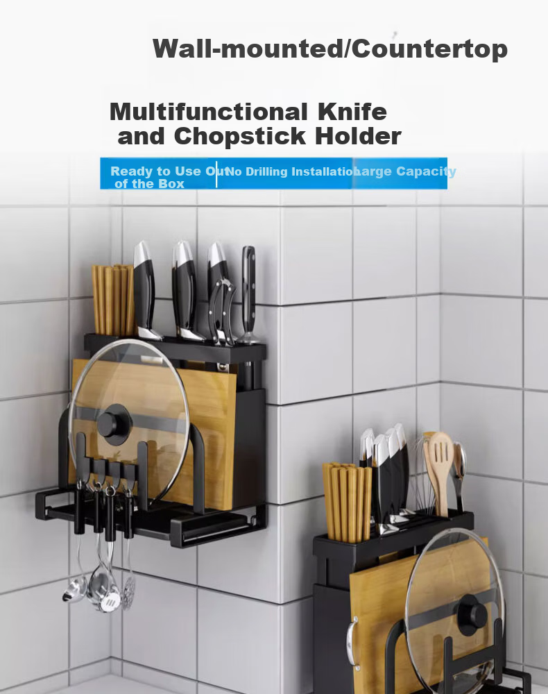 Jingyan Knife Holder Storage Rack, Kitchen Utensil Organizer, Cutting Board Stand, Countertop Knife Holder, Multifunctional Pot Lid Rack 1