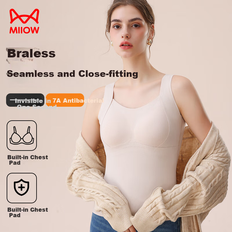 MiiOW Women's Thermal Vest with Built-In Bra Pads, No Need to Wear Bra, Sun Ion Heat-Retaining Top, Undershirt Camisole, White XL
