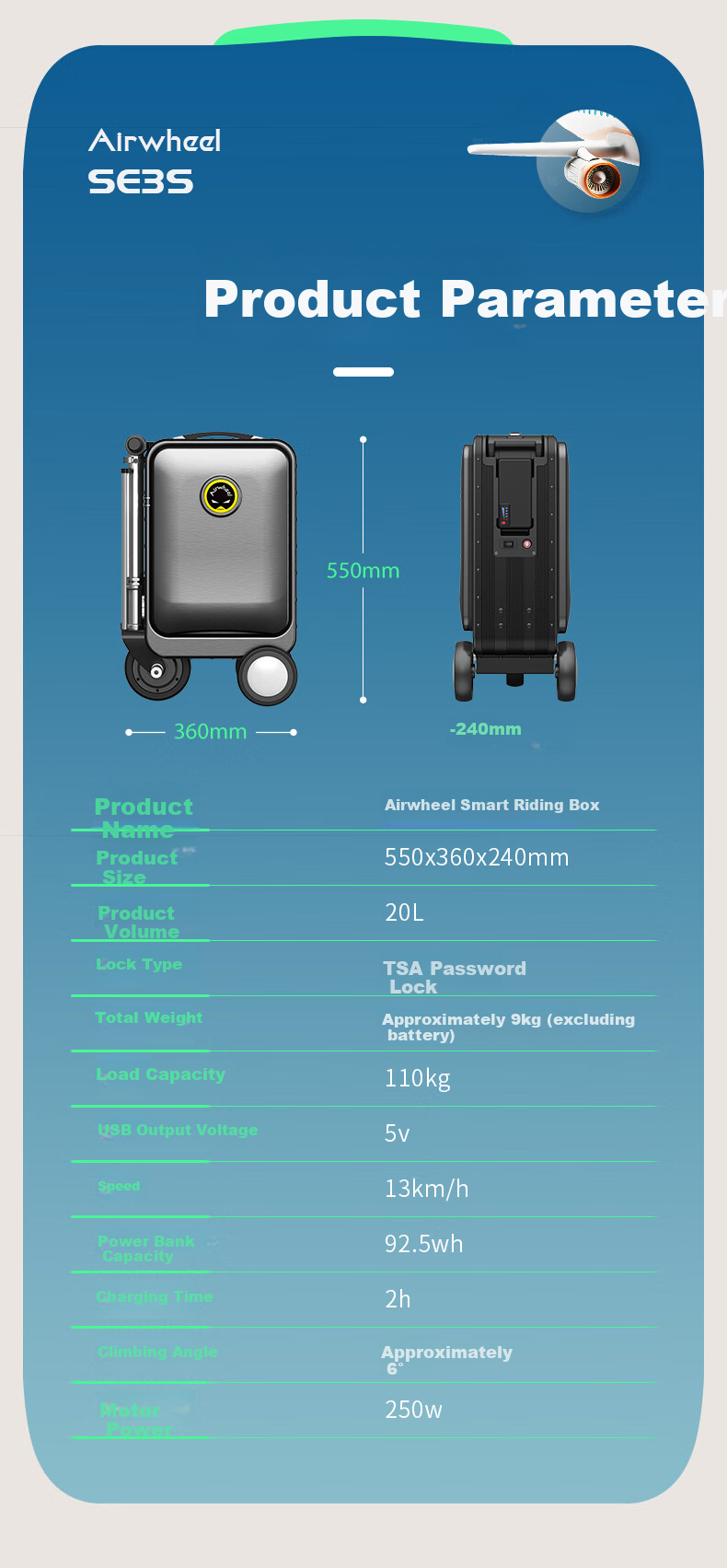 Airwheel Smart Electric Luggage Scooter 20-inch Telescopic Aluminum Frame Carry-on Case 13