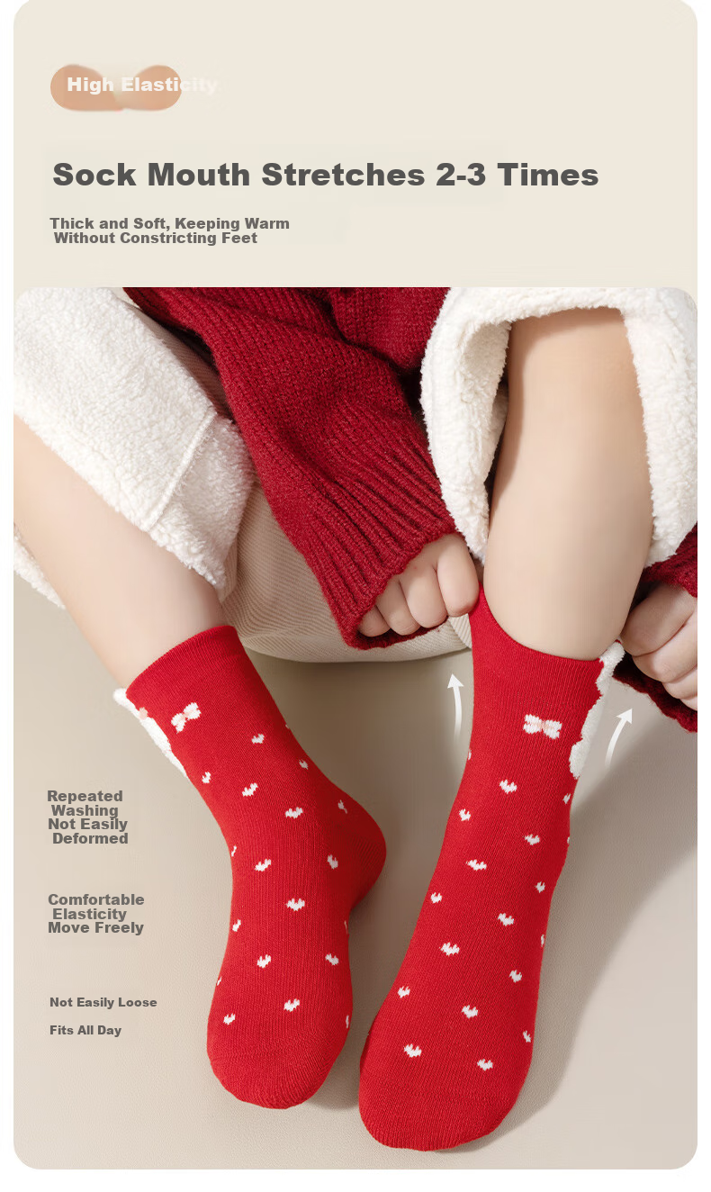 Caramella Autumn And Winter Zodiac Year Red Socks Children's Socks Terry Socks Cute Boys And Girls Comfortable Floor Socks Sleep Socks 5 Pairs Set 6