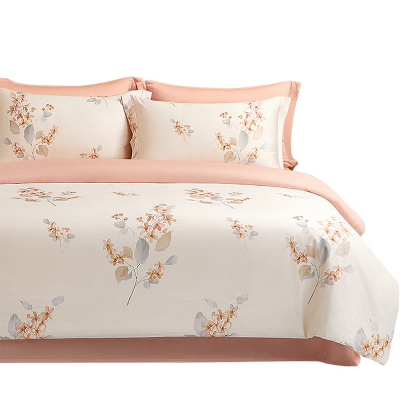 BEYOND Home Textiles 60-Count Xinjiang Long-Staple Cotton Bedding Set, Fanghua (Pink), Pure Cotton Bed Sheet And Duvet Cover Set, 180cm