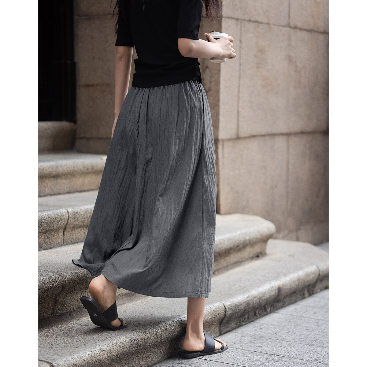 Dme [Relaxed Gray Midi Skirt] Spring And Autumn Wear, Draping, Simple, Loose-Fitting, Elastic Waist, Everyday Layered Midi Skirt