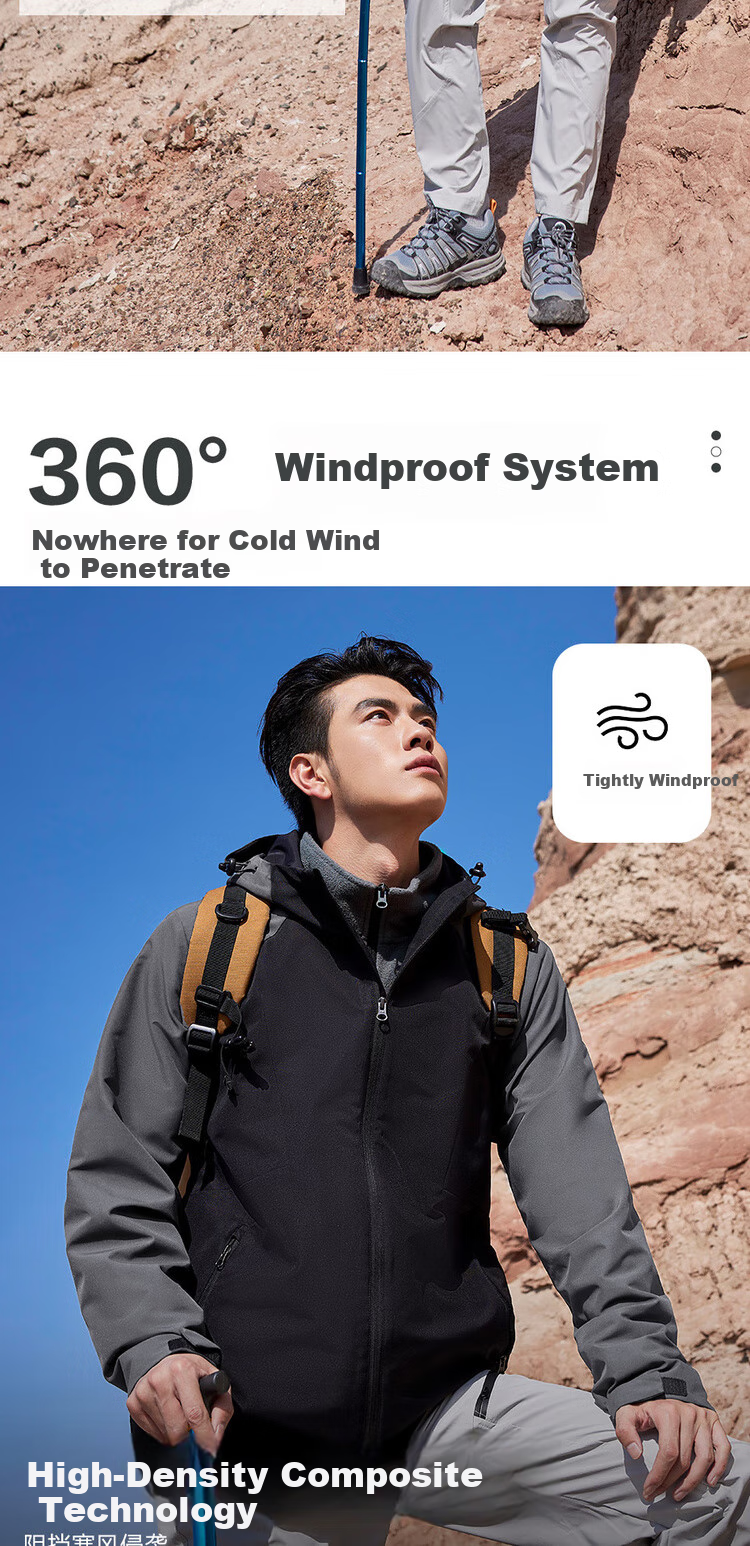 Giordano [Two-Piece Set] Three-In Jacket for Men, Outdoor Hooded Windproof Jacket with Fleece Inner Lining, 01074701 5